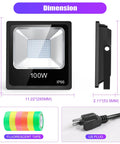 Dimensions of Two Pack 100W UV Black Light Flood Lights with 10 Ft Power Cords, featuring IP66 rating and compact design.