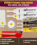 Leather And Vinyl Repair Kit DIY Friendly with color matching compounds, backing fabric, mixing jar, brush, and spatula.