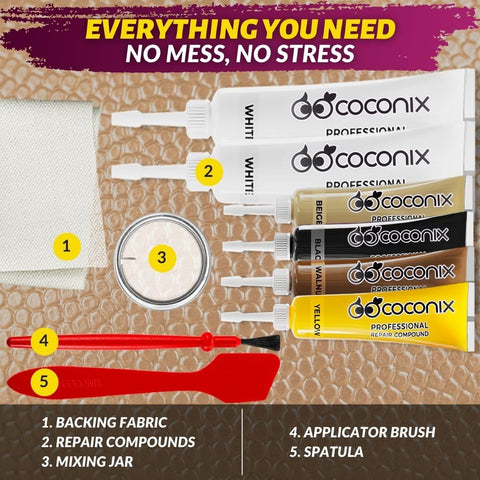 Leather And Vinyl Repair Kit DIY Friendly with color matching compounds, backing fabric, mixing jar, brush, and spatula.