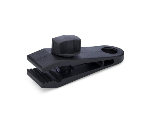 Black heavy duty tarp clip with lock grip alligator clamp for tough holding power multipurpose tarp tie downs, angled view.
