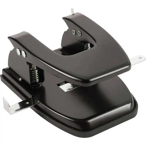 Black Workhorse Two Hole Puncher for Paper with 30 Sheet Capacity Adjustable Guide and Locking Mechanism, heavy duty office tool.