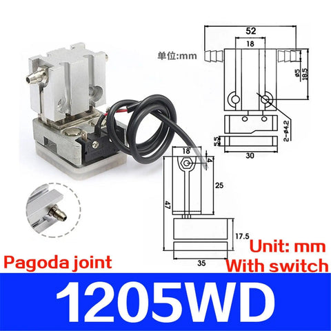 Heavy Duty Mechanical Arm Gripper Cylinder With Magnetic Parallel Clamping Clip For Precision Pick And Place Tasks, Boss Level Fit With 1210 1205PT WD 1815 1820 And 1205WD M5-6 Fittings, shown with dimensions and features.