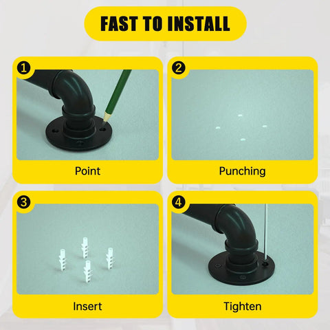 Installation guide for Industrial Style Black Iron Pipe Staircase Handrail for Indoor and Outdoor Use, showing steps for mounting.