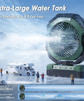 Beast Portable Misting Fan With 36000mAh Battery beside RV in snowy landscape, highlighting large water tank.