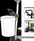 Close-up of Wheelie Utility Cart With Tool Toter Handle And Bucket Holder And Comfort Cushion Premium Rolling Tool Organizer For Yard Work And Garden Made In USA Model EX590 showcasing bucket attachment.