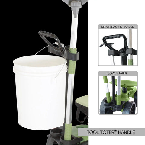 Close-up of Wheelie Utility Cart With Tool Toter Handle And Bucket Holder And Comfort Cushion Premium Rolling Tool Organizer For Yard Work And Garden Made In USA Model EX590 showcasing bucket attachment.