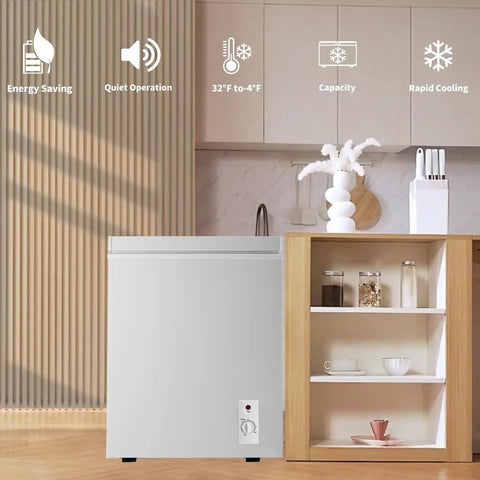 Kick Back And Chill On This 3.2 Cubic Feet Chest Freezer With Rapid Cooling and a removable basket in modern kitchen setting.