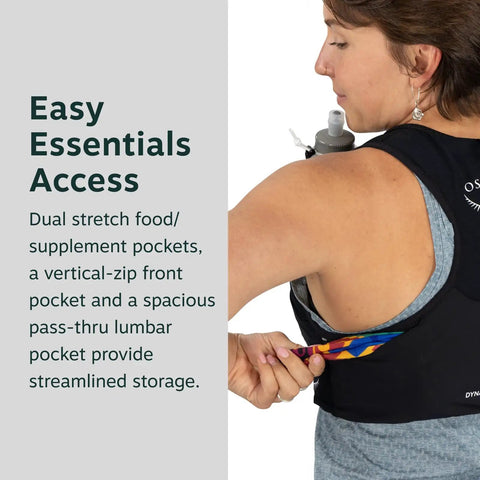 Woman wearing Dyna LT Womens Running Hydration Vest With Hydraulics Soft Flasks, showcasing back pocket storage, Black Medium