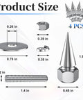 Product size diagram for Badass Spiked License Plate Screws Four Pack showing dimensions and components like spiked bolts and washers.