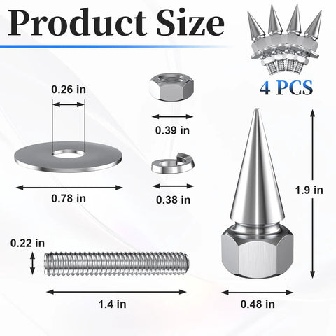 Product size diagram for Badass Spiked License Plate Screws Four Pack showing dimensions and components like spiked bolts and washers.