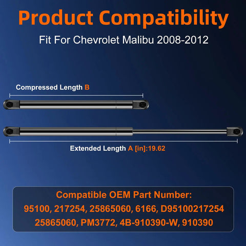 Premium Heavy Duty Front Hood Strut And Shock Lift Support Pair Fits 2008 2012 Chevrolet Malibu dimension details with lengths.