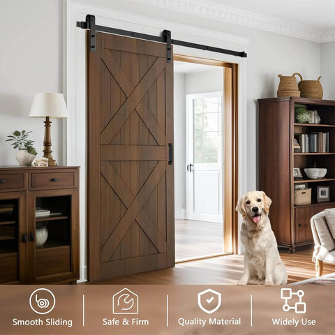 6 Ft Heavy Duty Sliding Barn Door Hardware Kit with Track Rail and Quiet Smooth Operation installed in modern living room