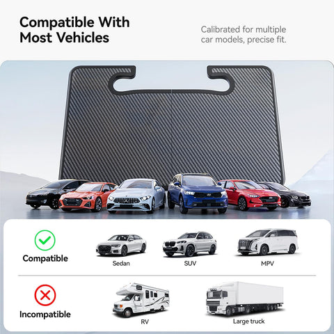 2 In 1 Car Steering Wheel Desk Tray And Seat Gap Filler Organizer Foldable Carbon Fiber Look Table displayed with car models