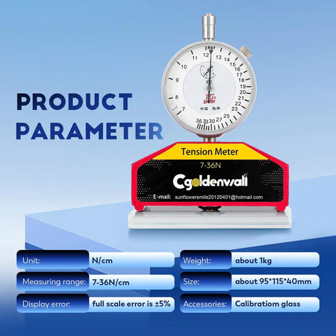 High Precision Silk Screen Printing Tension Meter And Force Tester For Silk Print Projects Pro Grade Build With Quick Readouts In Newtons From 7 To 36N And Shock Absorber To Minimize Vibration And Deliver Real World Accurate Tension Measurement. Dial tension meter, 95x115x40mm, N/cm, for silk screen mesh testing.
