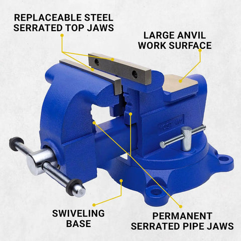 Beefy 6 Inch Combination Vise For Pipe And Bench Work With Swivel Base Cast Iron Frame And Steel U Channel Replaceable Serrated Jaws Big Anvil Surface Built Tough And Ready., blue 6-inch vise with swivel base, serrated pipe jaws, and anvil work surface