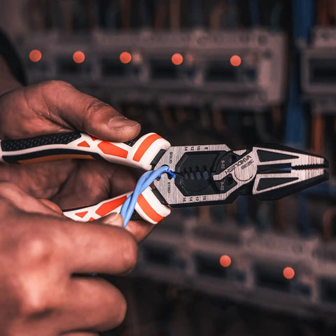 Heavy Duty 8 In 1 Linesman Pliers For Electrical DIY Projects Wire Cutter Crimper Stripper Twist Deburr Winding And More Go To Multipurpose CRV Steel Hand Tool For Crimping, Shearing, Gripping being used to strip blue wire.