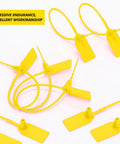 500 Pack Plastic Tamper Seals Zip Ties 250mm Self Locking Security Tags For Fire Extinguishers Bags Luggage Banks Hospitals Trailers And Trucks Yellow, shown in a scattered arrangement, highlighting yellow color and plastic material.