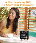 Wooden Coffee Sign Rise And Shine Its Coffee Time Decor on table with woman enjoying coffee, cozy farmhouse accessory