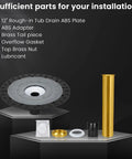 Rock Solid Freestanding Bathtub Drain Rough In Mounting Kit Stainless Steel parts including ABS plate, brass tail piece, lubricant.