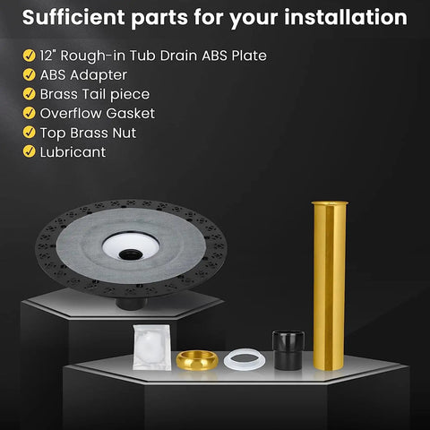 Rock Solid Freestanding Bathtub Drain Rough In Mounting Kit Stainless Steel parts including ABS plate, brass tail piece, lubricant.