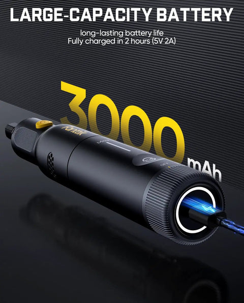 Cordless Rotary Tool Kit With 25000 RPM Motor 5 Speed Settings 44 Accessories showcased with 3000mAh battery capacity.
