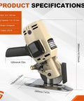 Gearpass 250W Electric Fabric Cutter With Extra 4-Inch Rotary Blade And Auto Sharpener Handheld Cloth Cutting Machine dimensions and specifications.