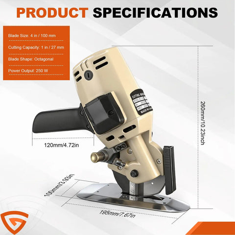 Gearpass 250W Electric Fabric Cutter With Extra 4-Inch Rotary Blade And Auto Sharpener Handheld Cloth Cutting Machine dimensions and specifications.