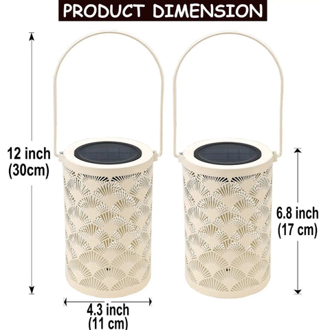 Solar Powered Outdoor Lanterns Waterproof White Table Lanterns Set Of 2 with dimensions, 12 inch height, 4.3 inch width.