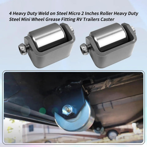 Top: Close-up of two steel micro rollers. Bottom: Steel micro roller installed under RV, Set Of Four Steel Micro Rollers 2 Inch Square