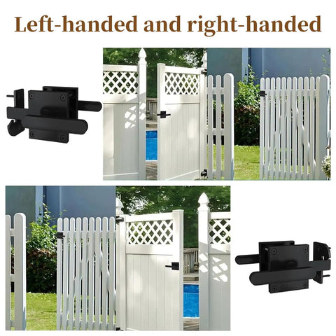 Rock Solid Heavy Duty Double Sided Gate Latch With Handles Black Aluminum Fence Lock for backyard gates with mounting details.