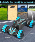Gesture Hand Controlled RC Stunt Car With Spray Lights And Music 4WD shown on various terrains, dimensions labeled