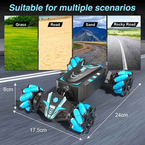 Gesture Hand Controlled RC Stunt Car With Spray Lights And Music 4WD shown on various terrains, dimensions labeled