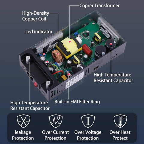 Internal view of Beefy 600W 50A AC To DC Converter 12V Adjustable Power Supply Universal Adapter showing components and protections