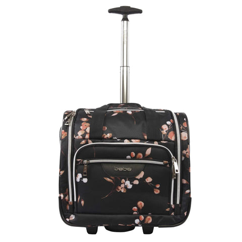 Front view of Valentina Underseat Wheeled Carry On Luggage With Floral Branch Design Travel Ready And Airline Friendly Compact Bag