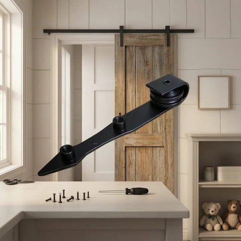 Heavy Duty Low Profile Barn Door Roller With Smooth Gliding Track Hanger and Secure Three Threaded Posts for Zero Drama Interior Sliding Door Hardware, black metal mount