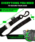 Two Pack Motorcycle Tie Down Straps With 2200 Pound Break Strength Steel Cam Buckles Integrated Soft Loops And S Hook Keeper Clip