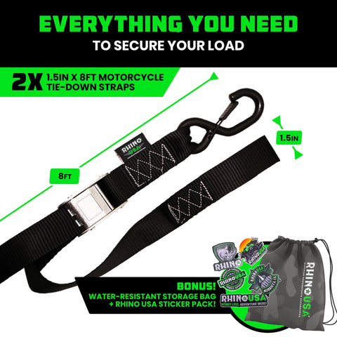 Two Pack Motorcycle Tie Down Straps With 2200 Pound Break Strength Steel Cam Buckles Integrated Soft Loops And S Hook Keeper Clip
