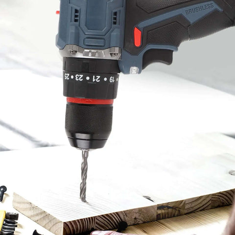 Built Different Cordless Drill And Screwdriver Kit With 25 Gear Torsion Electric Power Tool Set drilling into wood surface.