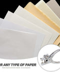 Handheld Metal Hole Puncher For Office And Crafts next to various paper types, showing its versatility in punching paper and cardstock.