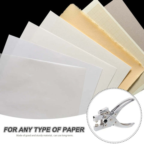 Handheld Metal Hole Puncher For Office And Crafts next to various paper types, showing its versatility in punching paper and cardstock.