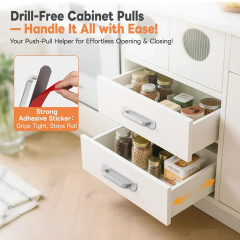 2 Pack 5.7 Inch Peel And Stick Cabinet Handles No Drill Stick On Pull Handles For Closet Drawer Fridge With Strong Adhesive And Rust Resistant Aluminum Grip Silver installed on white drawers