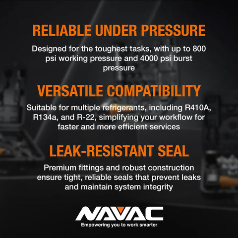Features of Three Color HVAC Charging Hoses With Ball Valve Kit, Five Foot Long, compatible with R410A, R134a, R22