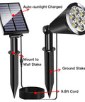 Solar Spot Lights Outdoor 2-In-1 Waterproof LED Landscape Lights Dusk-To-Dawn for Garden Porch Walkway Patio, showing solar panel and stake.
