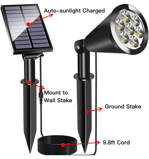 Solar Spot Lights Outdoor 2-In-1 Waterproof LED Landscape Lights Dusk-To-Dawn for Garden Porch Walkway Patio, showing solar panel and stake.