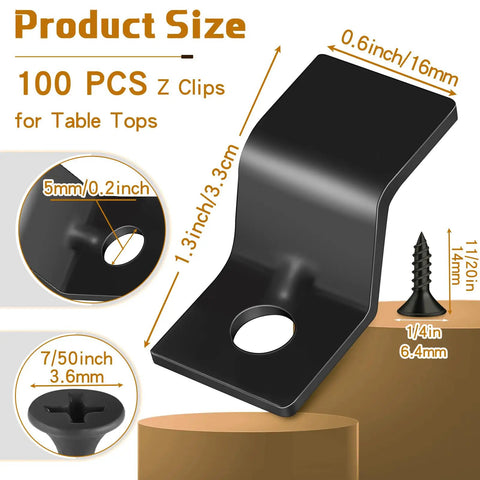 Garage Quality Heavy Duty Table Top Fasteners And Z Clips 100 Set With Screws Solid Steel Z-clips size illustration and dimensions.