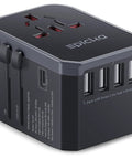 All In One Universal Travel Adapter With USB C And Four USB A Ports Worldwide Power Adapter For Over 200 Countries Not A Voltage Converter Includes EU UK US JP AU Plugs Must Have Travel Charger, showing USB ports