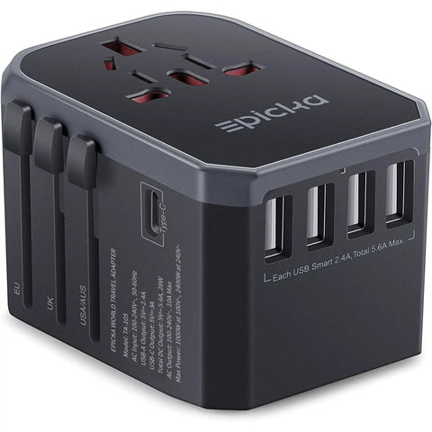 All In One Universal Travel Adapter With USB C And Four USB A Ports Worldwide Power Adapter For Over 200 Countries Not A Voltage Converter Includes EU UK US JP AU Plugs Must Have Travel Charger, showing USB ports