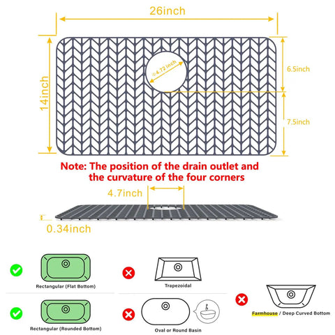 Silicone Sink Protector Mat For Kitchen Sink Bottom Non Slip Scratch Resistant Shield For Farmhouse Sinks Fits 12 To 30 Inch Models Gray Rear Drain Design with dimensions and features