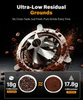 Zero Drama All Metal Single Dose Coffee Grinder Featuring A Quiet DC Motor And Eighty Precise Burr Settings For Smooth Home Espresso Grinding One Touch No Mess Operation With Sleek Black LED Display showing ultra-low residual grounds with beans and coffee powder.