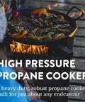 B5350A Propane Burner Cooker Heavy Duty Outdoor Stove with food cooking on top, showing adjustable regulator and flames.